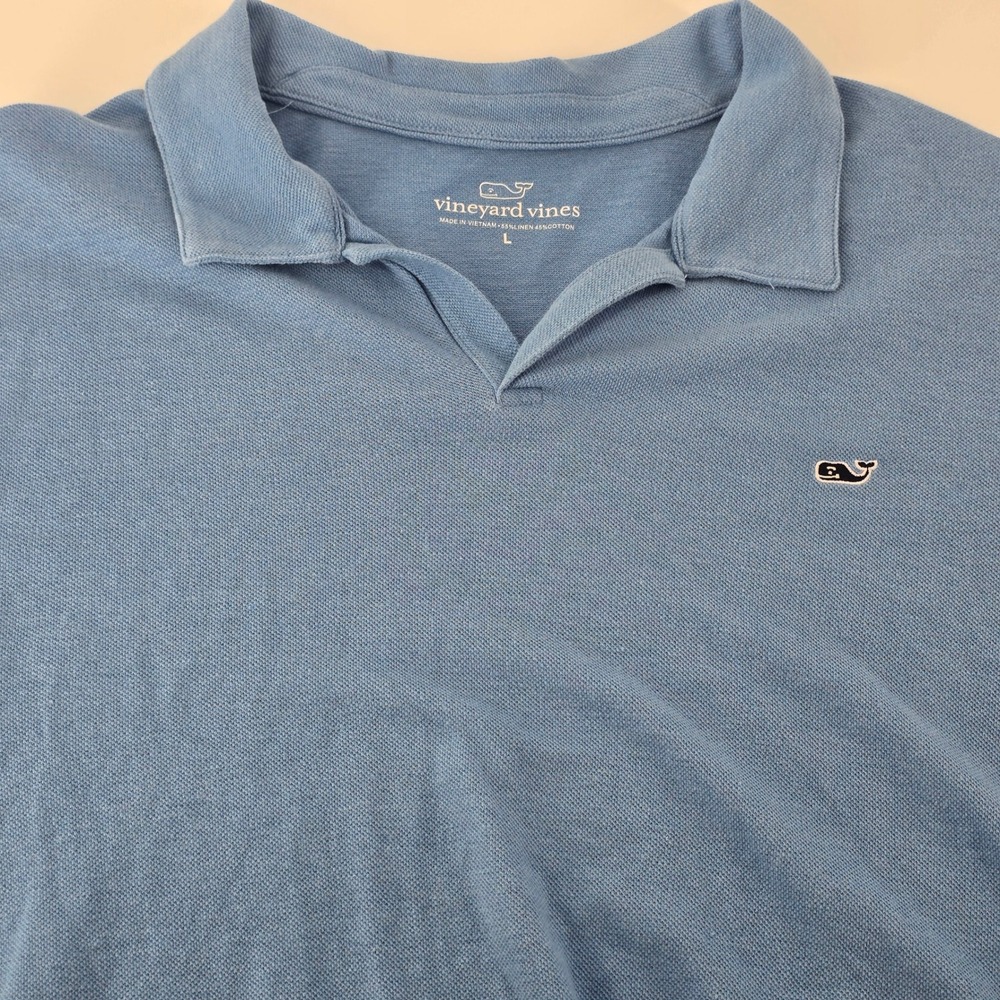 Vineyard Vines Polo Shirt Mens Large Blue Linen Cotton Blend Short Sleeve Logo